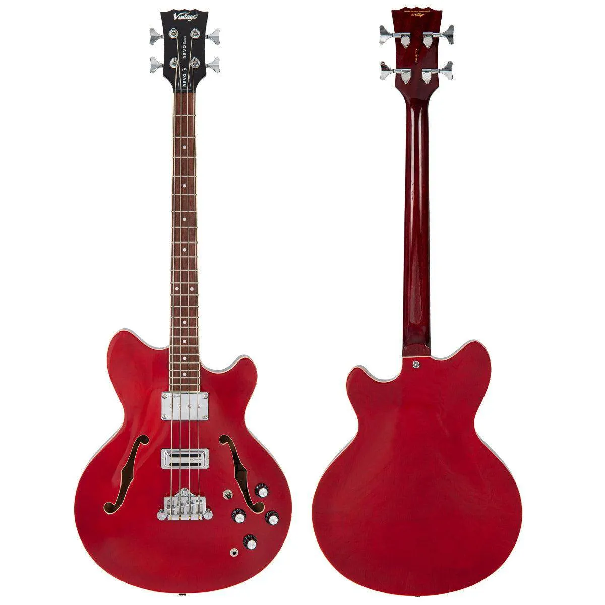 Vintage REVO Series 'Supreme' Semi Acoustic Bass ~ Cherry Red