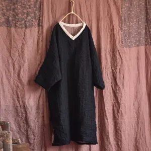 Warm Color Block V-Neck Loose Cotton Linen Casual Dresses