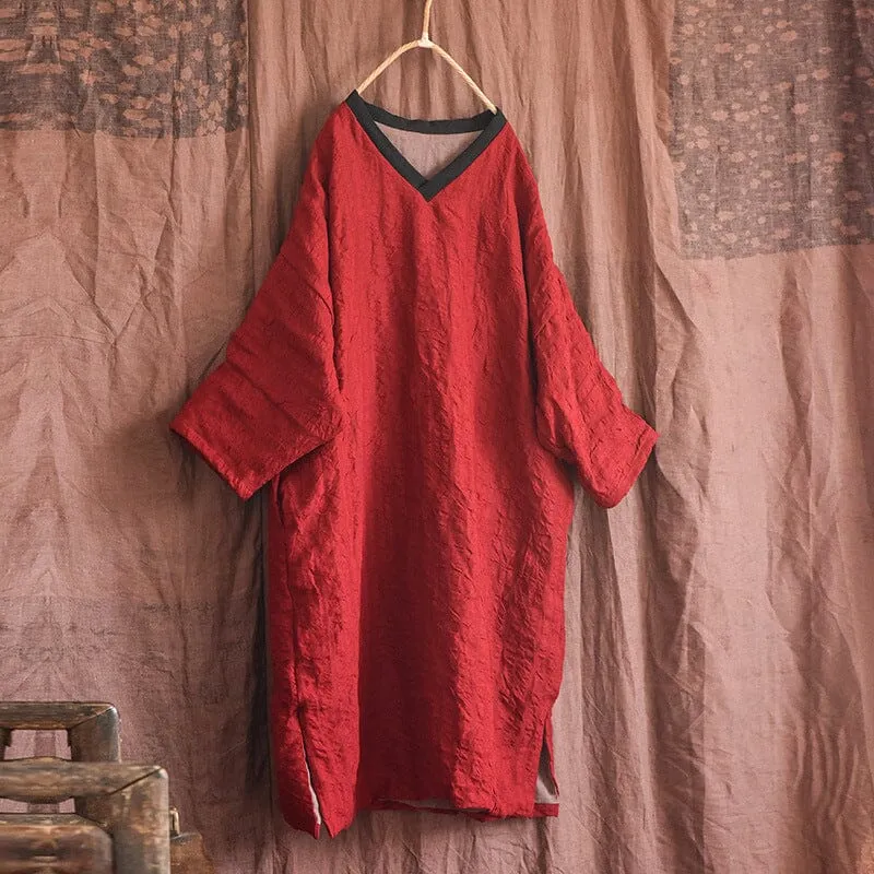 Warm Color Block V-Neck Loose Cotton Linen Casual Dresses
