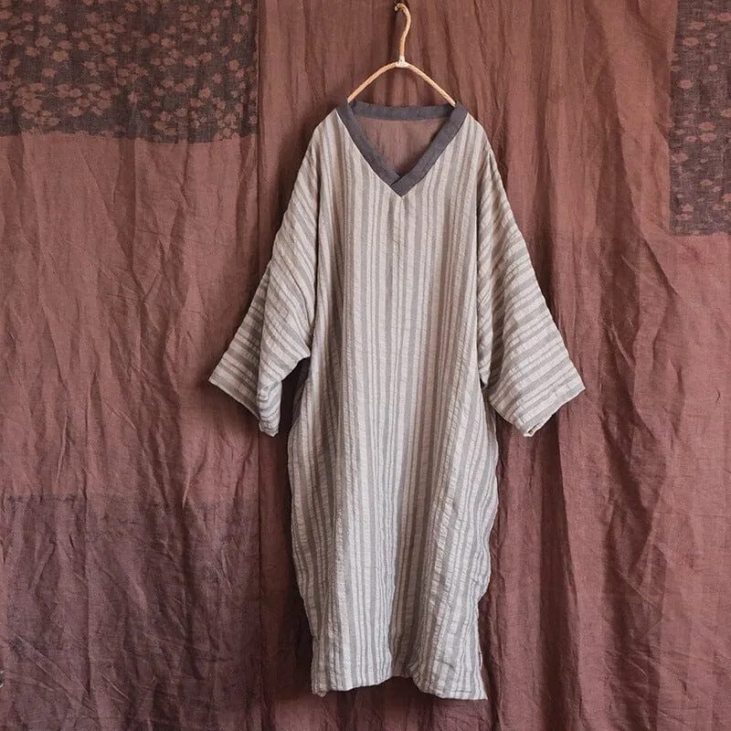 Warm Color Block V-Neck Loose Cotton Linen Casual Dresses
