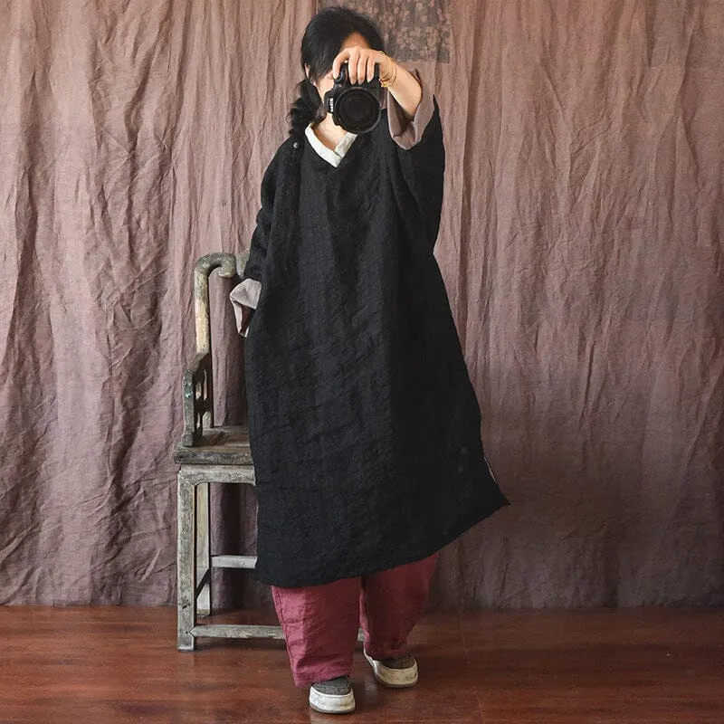 Warm Color Block V-Neck Loose Cotton Linen Casual Dresses