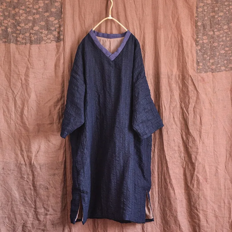 Warm Color Block V-Neck Loose Cotton Linen Casual Dresses