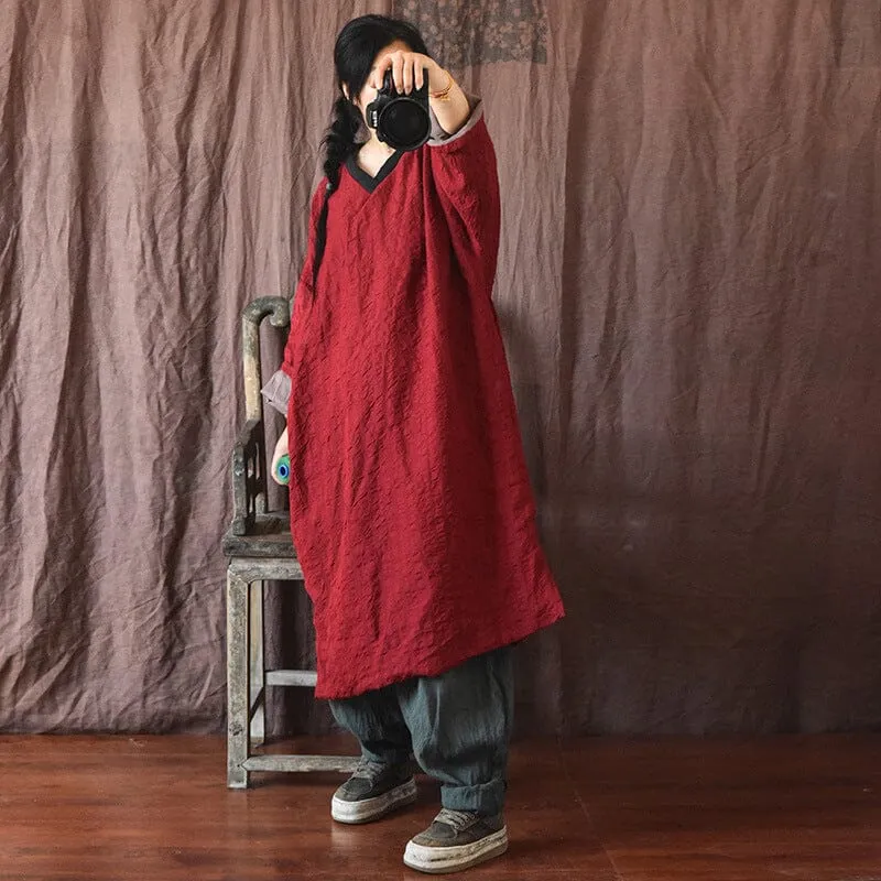 Warm Color Block V-Neck Loose Cotton Linen Casual Dresses