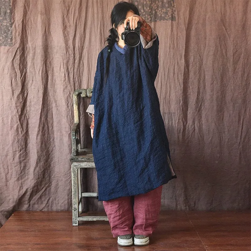 Warm Color Block V-Neck Loose Cotton Linen Casual Dresses