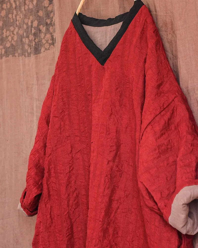 Warm Color Block V-Neck Loose Cotton Linen Casual Dresses