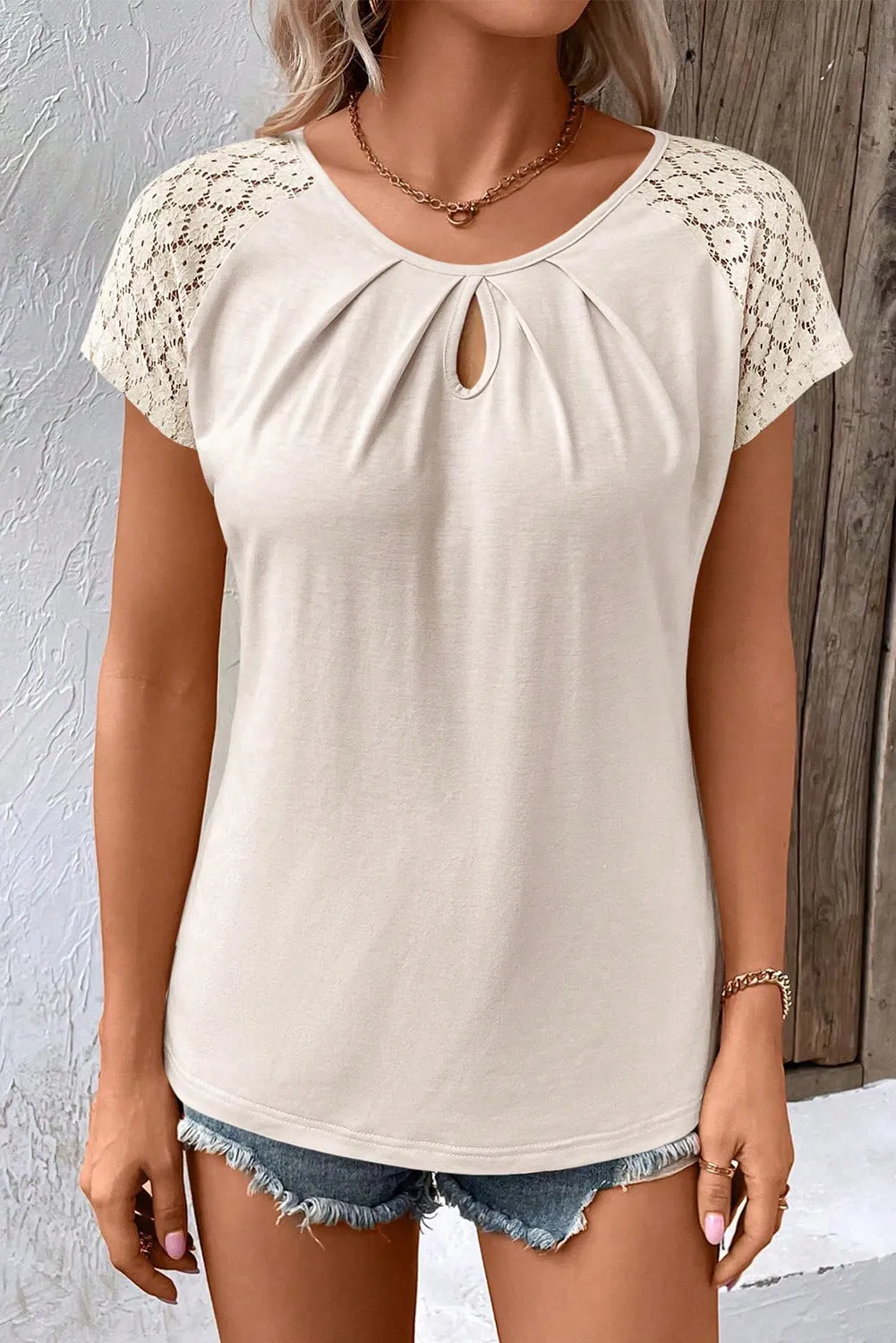 White Contrast Lace Sleeve Keyhole Decor Top