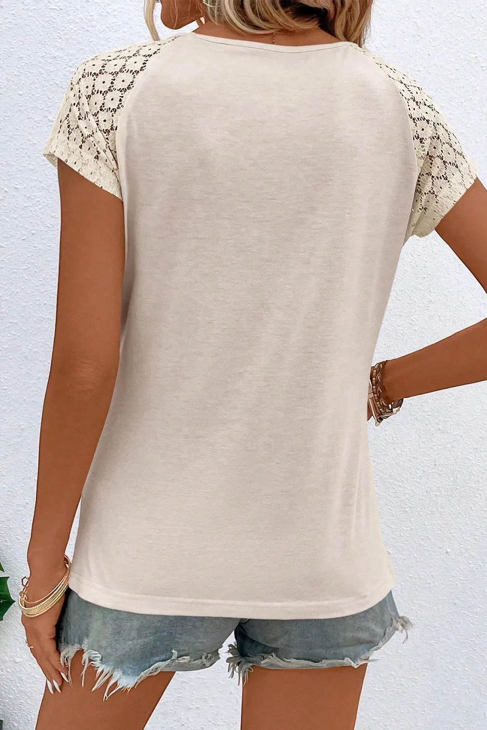 White Contrast Lace Sleeve Keyhole Decor Top