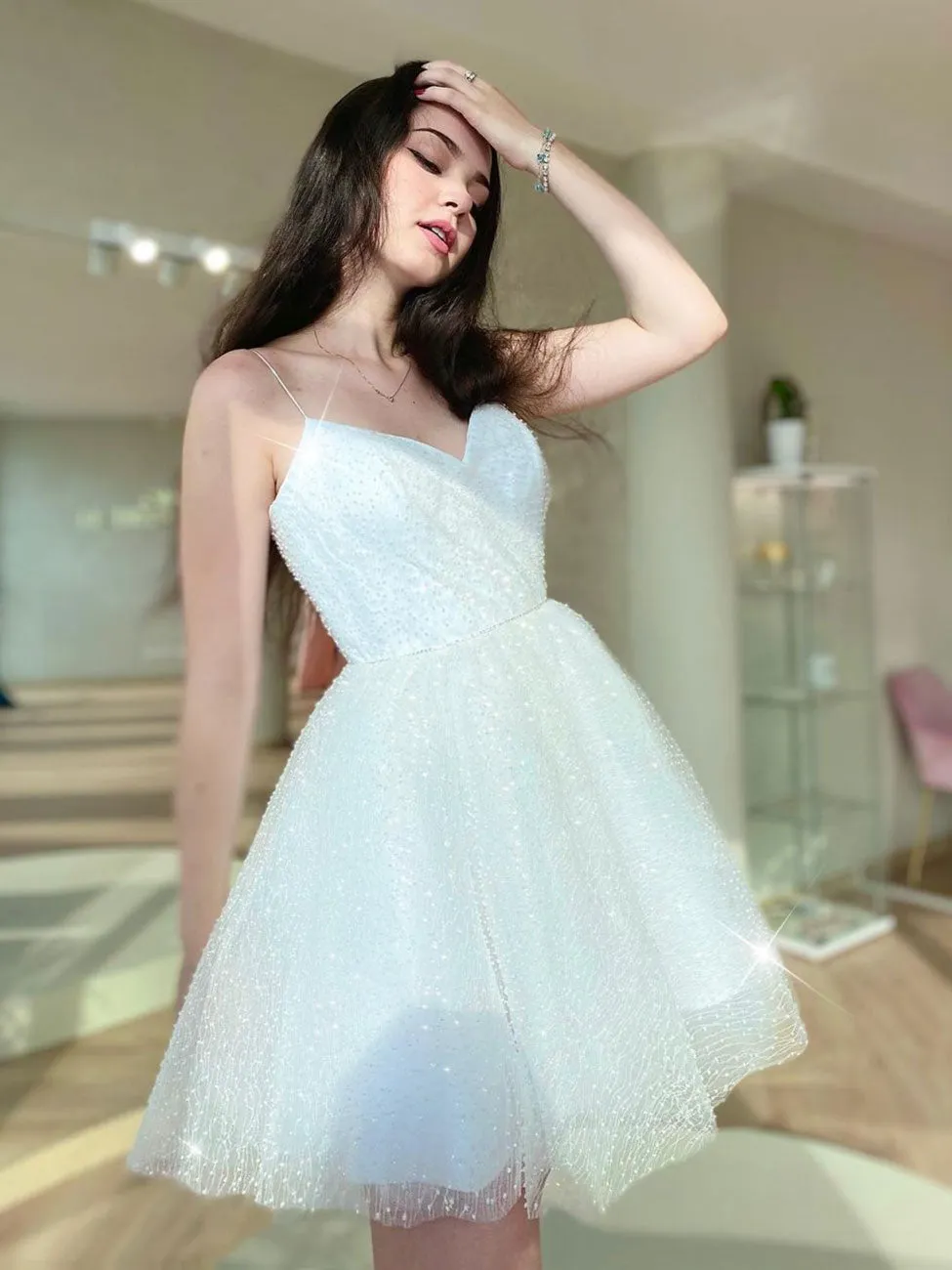 White Short Prom Dresses, White Mini Puffy Homecoming Dresses