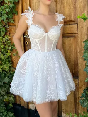 White Sweetheart Neck Lace Short Prom Dresses, Lace Homecoming Dresses