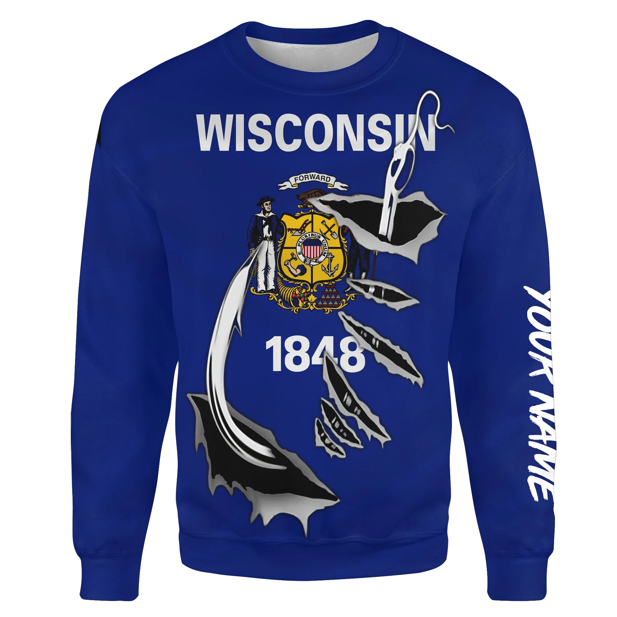 WI Wisconsin Flag Fishing Fish Hook Custom All over print Sweatshirt personalized Patriotic fishing gifts  - HPW324
