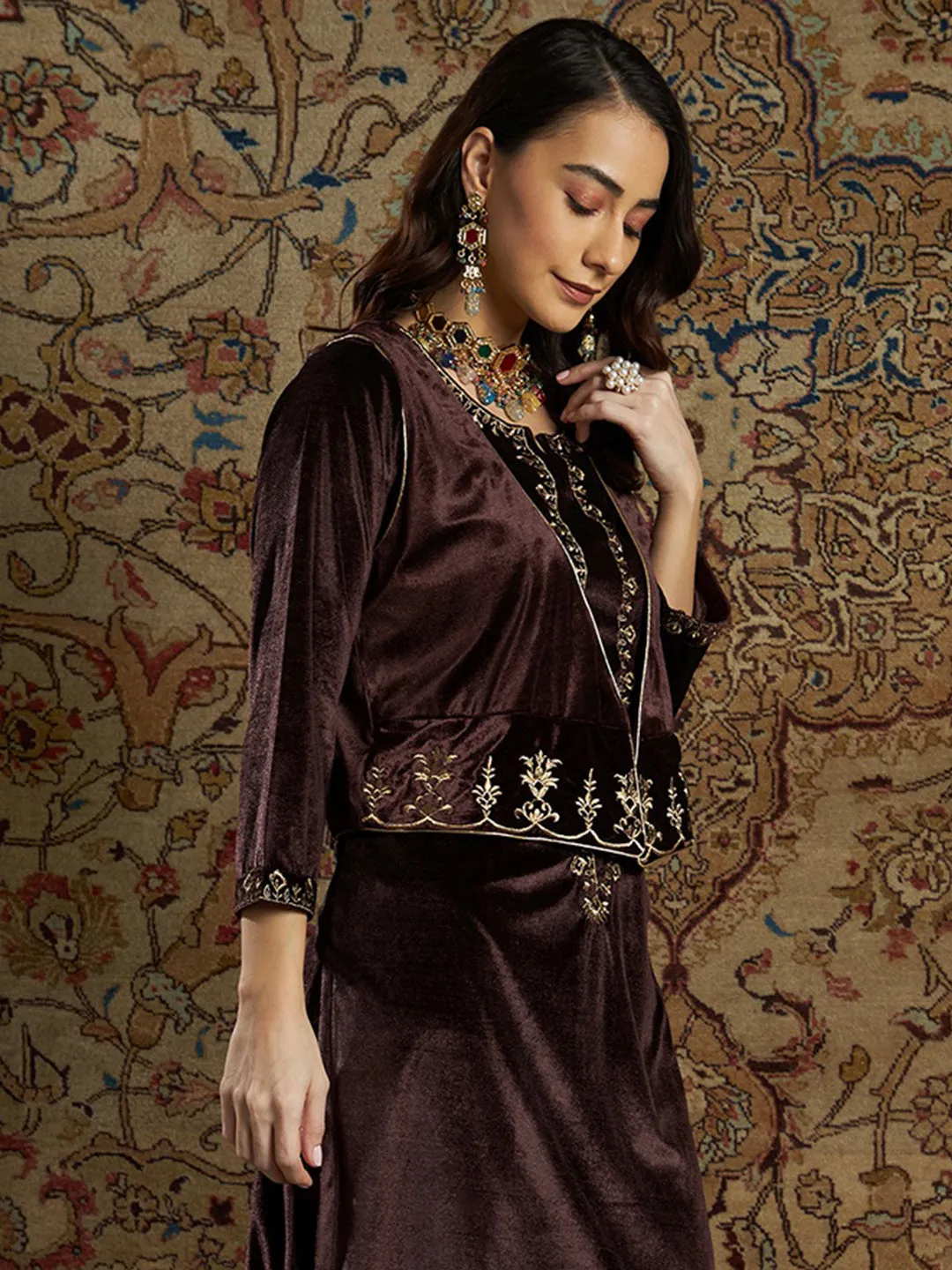 Women Brown Velvet Zari Embroidered Waistcoat