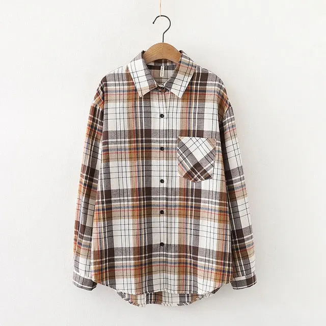 Women Plaid Shirt Chic Checked Blouse Long Sleeve Female Casual Print Shirts Loose Cotton Tops