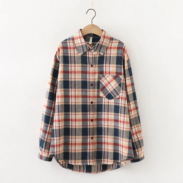 Women Plaid Shirt Chic Checked Blouse Long Sleeve Female Casual Print Shirts Loose Cotton Tops