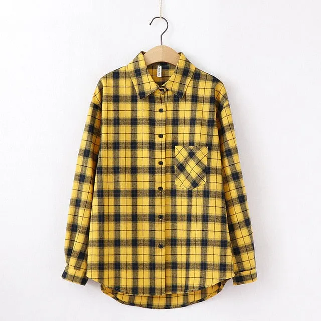Women Plaid Shirt Chic Checked Blouse Long Sleeve Female Casual Print Shirts Loose Cotton Tops