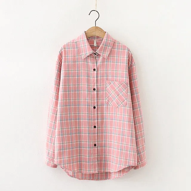 Women Plaid Shirt Chic Checked Blouse Long Sleeve Female Casual Print Shirts Loose Cotton Tops