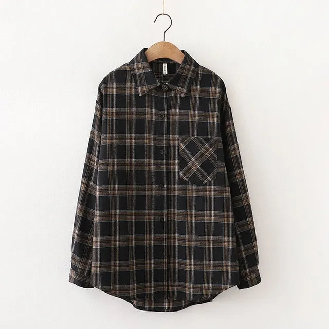 Women Plaid Shirt Chic Checked Blouse Long Sleeve Female Casual Print Shirts Loose Cotton Tops
