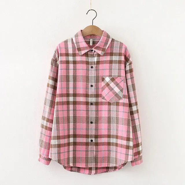 Women Plaid Shirt Chic Checked Blouse Long Sleeve Female Casual Print Shirts Loose Cotton Tops