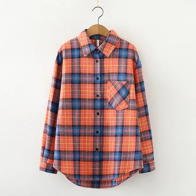 Women Plaid Shirt Chic Checked Blouse Long Sleeve Female Casual Print Shirts Loose Cotton Tops
