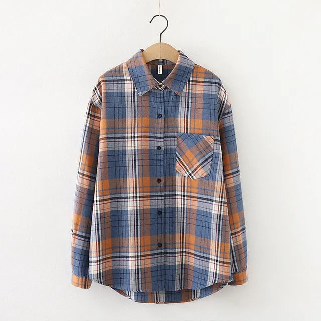 Women Plaid Shirt Chic Checked Blouse Long Sleeve Female Casual Print Shirts Loose Cotton Tops