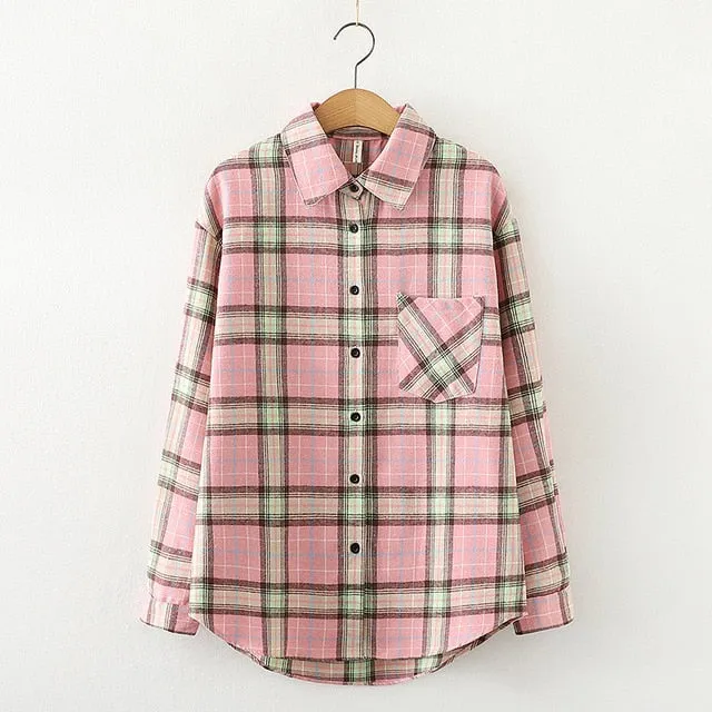 Women Plaid Shirt Chic Checked Blouse Long Sleeve Female Casual Print Shirts Loose Cotton Tops