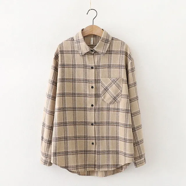 Women Plaid Shirt Chic Checked Blouse Long Sleeve Female Casual Print Shirts Loose Cotton Tops