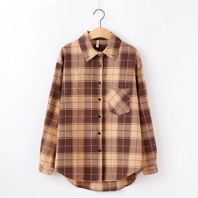Women Plaid Shirt Chic Checked Blouse Long Sleeve Female Casual Print Shirts Loose Cotton Tops