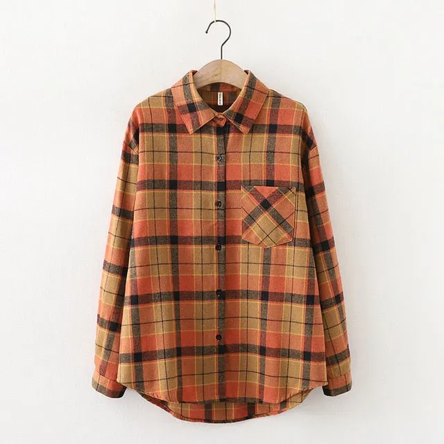 Women Plaid Shirt Chic Checked Blouse Long Sleeve Female Casual Print Shirts Loose Cotton Tops