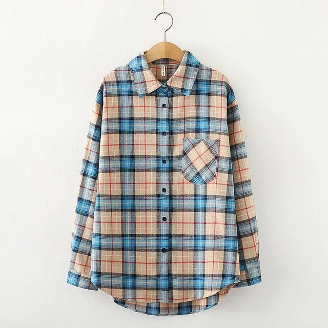 Women Plaid Shirt Chic Checked Blouse Long Sleeve Female Casual Print Shirts Loose Cotton Tops