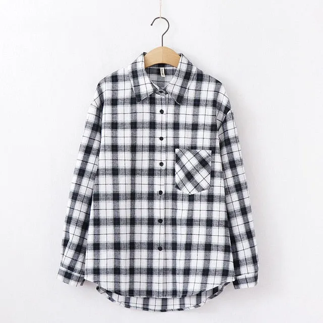 Women Plaid Shirt Chic Checked Blouse Long Sleeve Female Casual Print Shirts Loose Cotton Tops