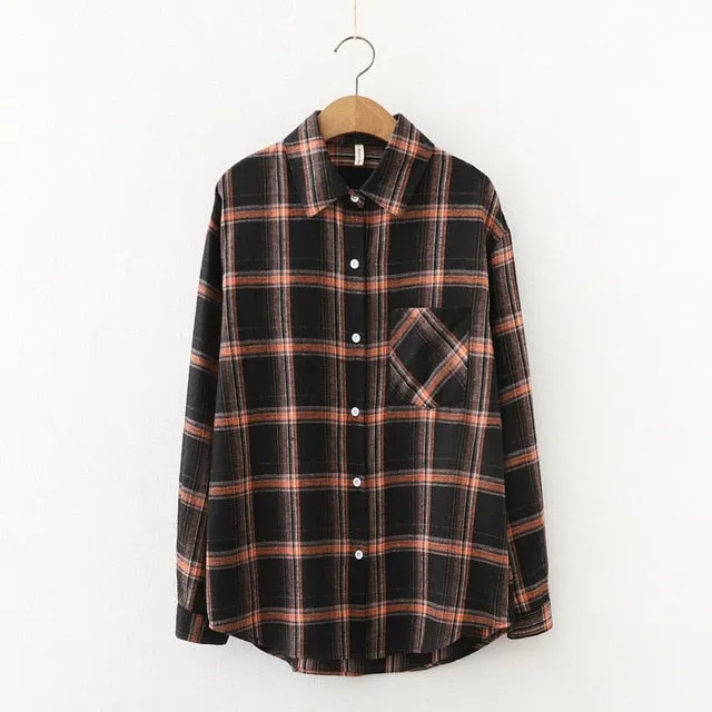 Women Plaid Shirt Chic Checked Blouse Long Sleeve Female Casual Print Shirts Loose Cotton Tops
