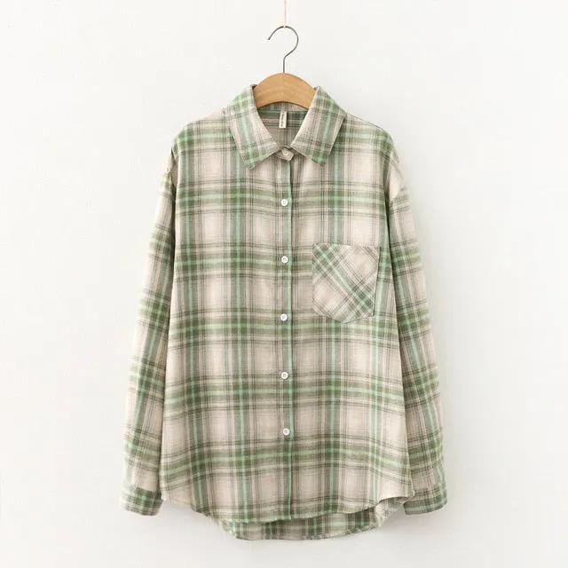 Women Plaid Shirt Chic Checked Blouse Long Sleeve Female Casual Print Shirts Loose Cotton Tops