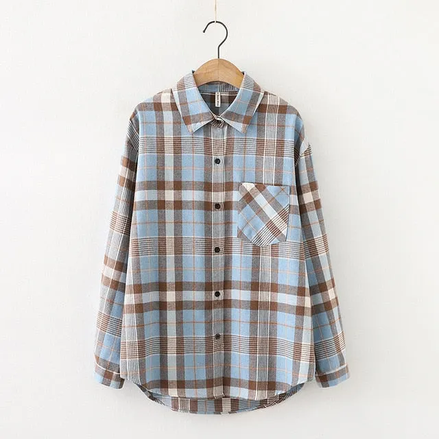 Women Plaid Shirt Chic Checked Blouse Long Sleeve Female Casual Print Shirts Loose Cotton Tops