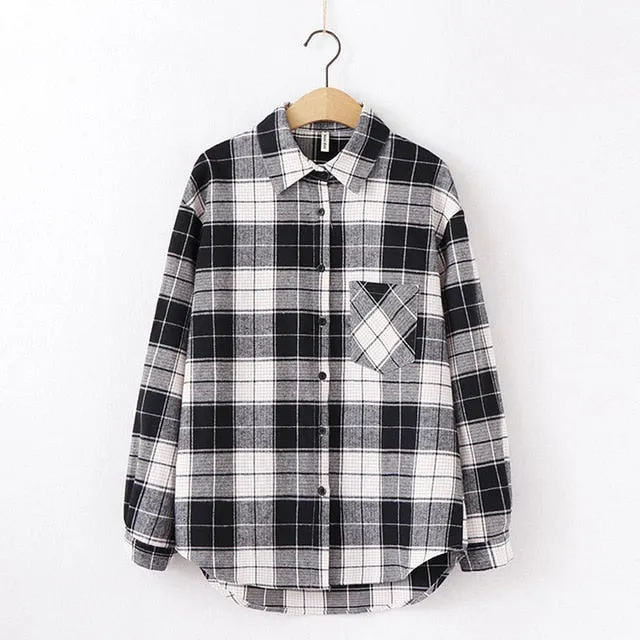 Women Plaid Shirt Chic Checked Blouse Long Sleeve Female Casual Print Shirts Loose Cotton Tops