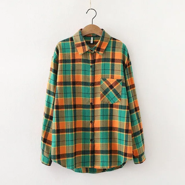 Women Plaid Shirt Chic Checked Blouse Long Sleeve Female Casual Print Shirts Loose Cotton Tops