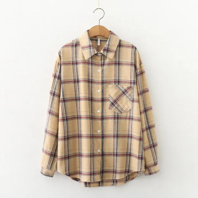 Women Plaid Shirt Chic Checked Blouse Long Sleeve Female Casual Print Shirts Loose Cotton Tops