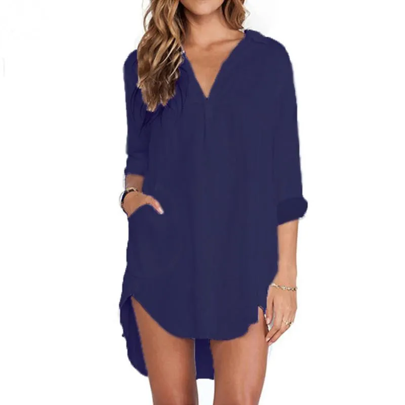 Women See Through Chiffon Shirts Dress Long Sleeve Pocket Casual Blouse Tops Plus Size XS-6XL