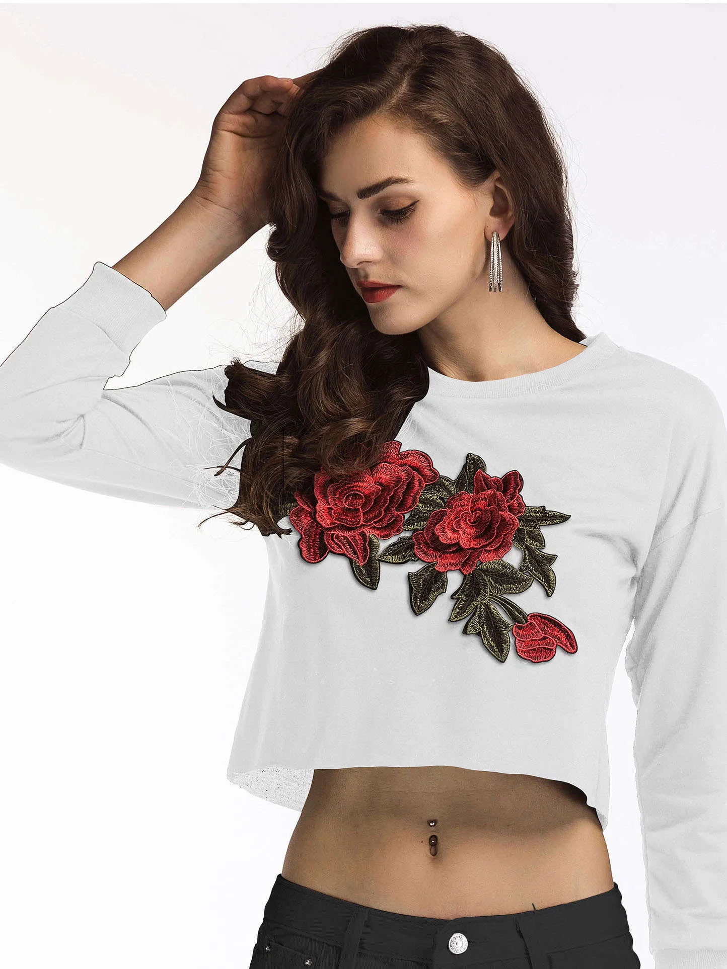 Women's Tops Autumn T-Shirt Round Neck Long Sleeve Short Embroidered Top T-Shirt