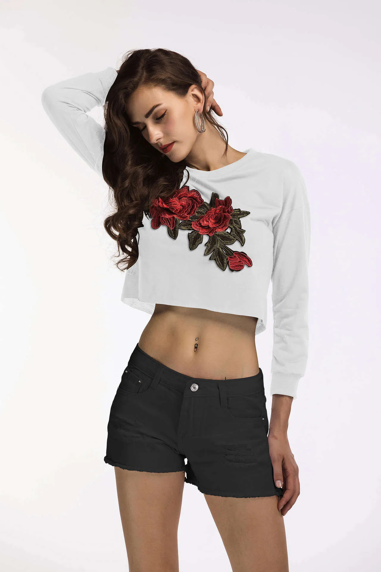 Women's Tops Autumn T-Shirt Round Neck Long Sleeve Short Embroidered Top T-Shirt