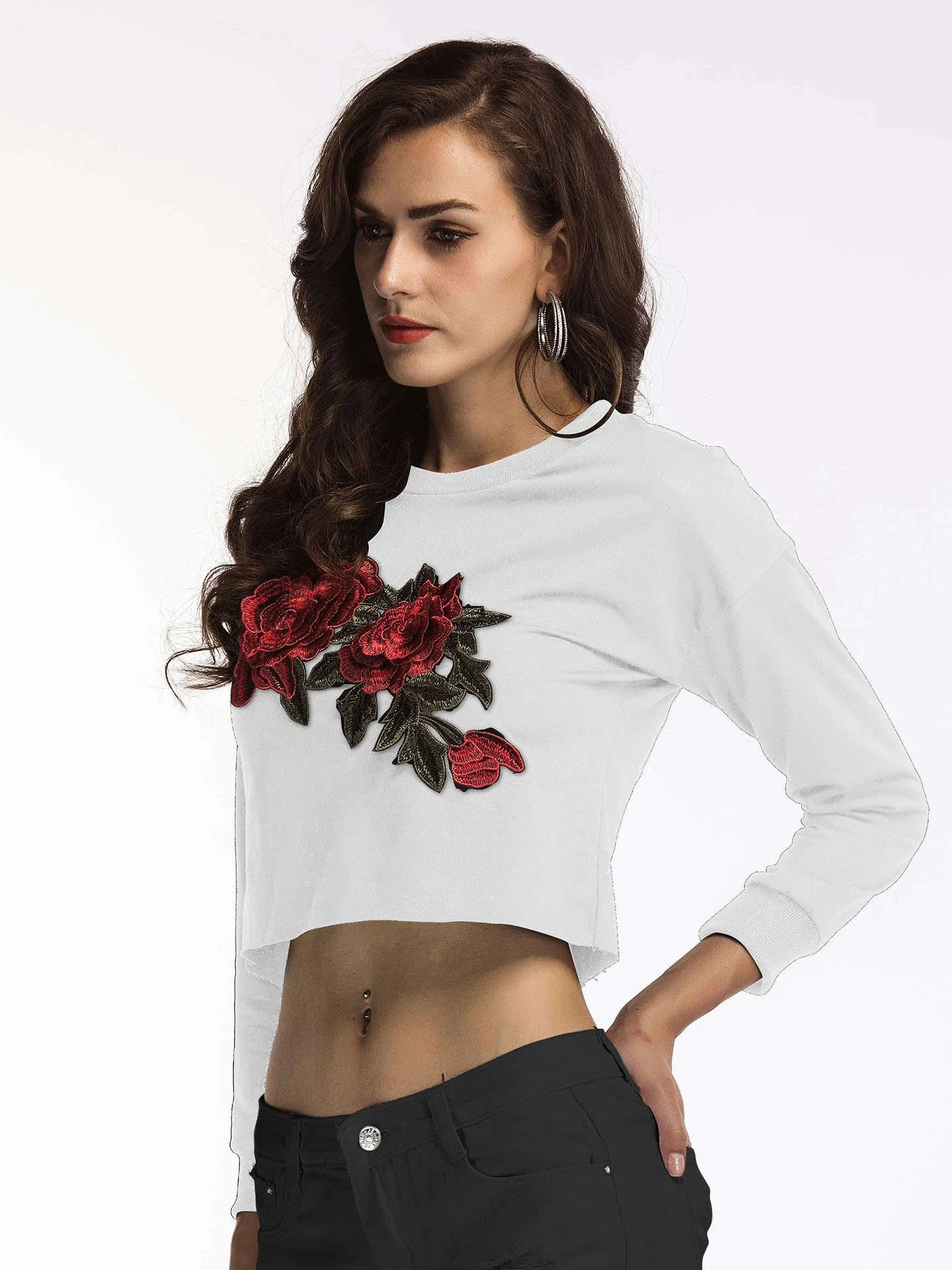 Women's Tops Autumn T-Shirt Round Neck Long Sleeve Short Embroidered Top T-Shirt